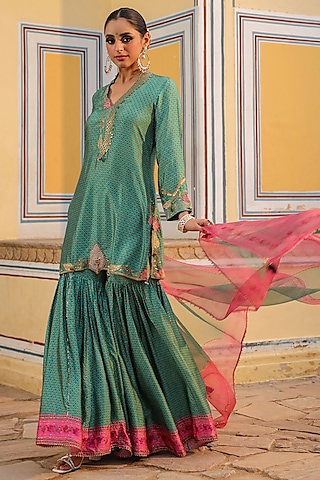 Turquoise Silk Tikki Embroidered & Printed Sharara Set by Niti Bothra