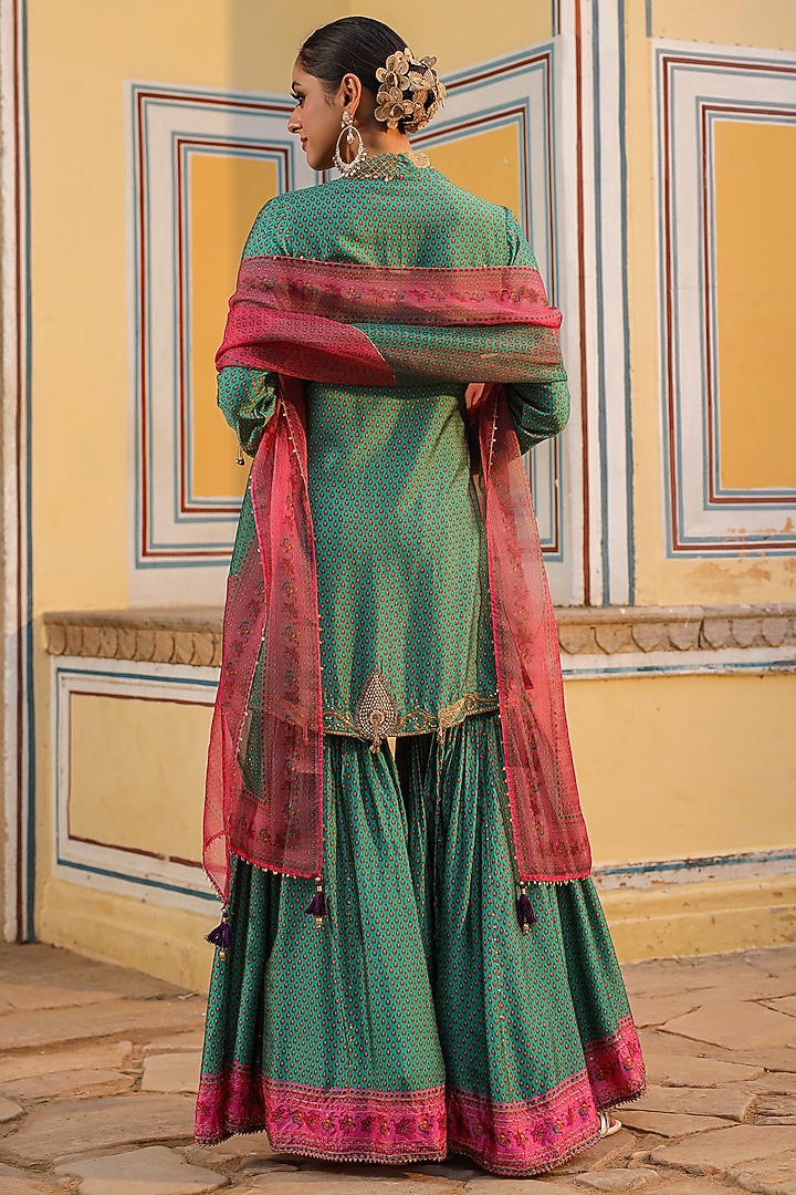 Turquoise Silk Tikki Embroidered & Printed Wedding Sharara Set by Niti Bothra at Pernia's Pop Up Shop