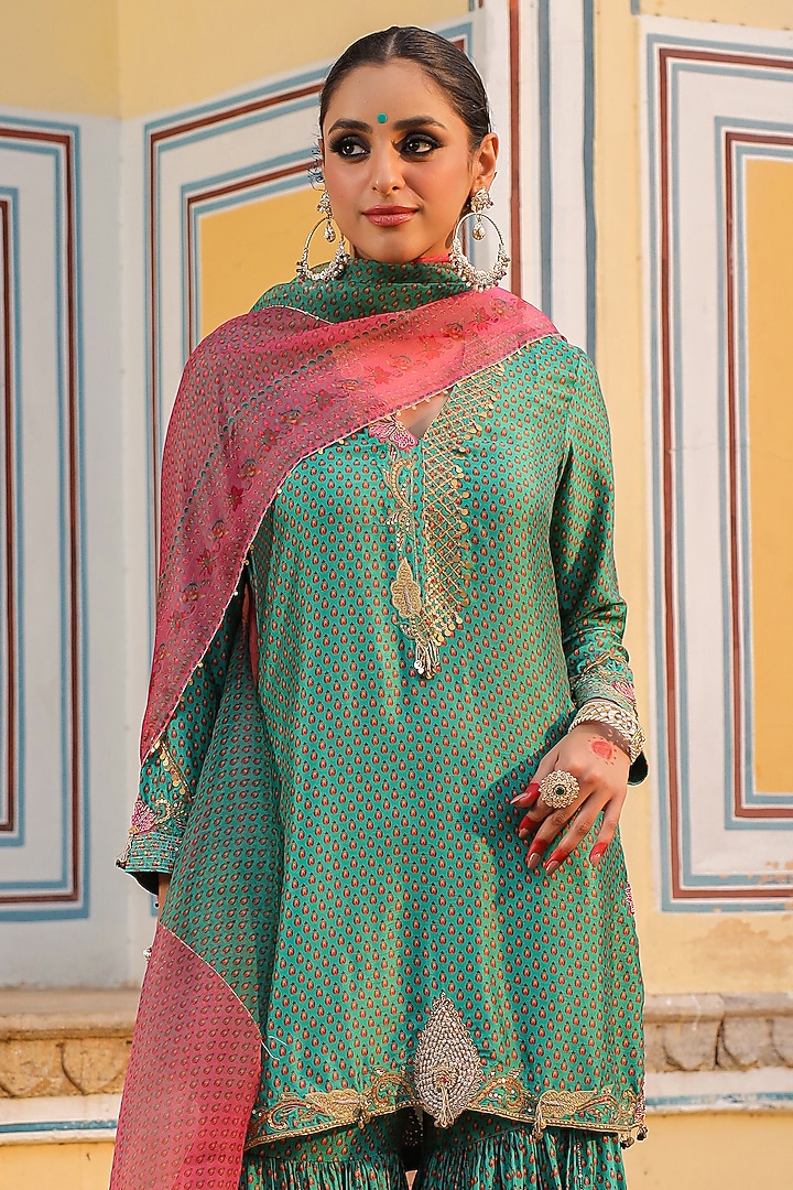 Turquoise Silk Tikki Embroidered & Printed Wedding Sharara Set by Niti Bothra at Pernia's Pop Up Shop
