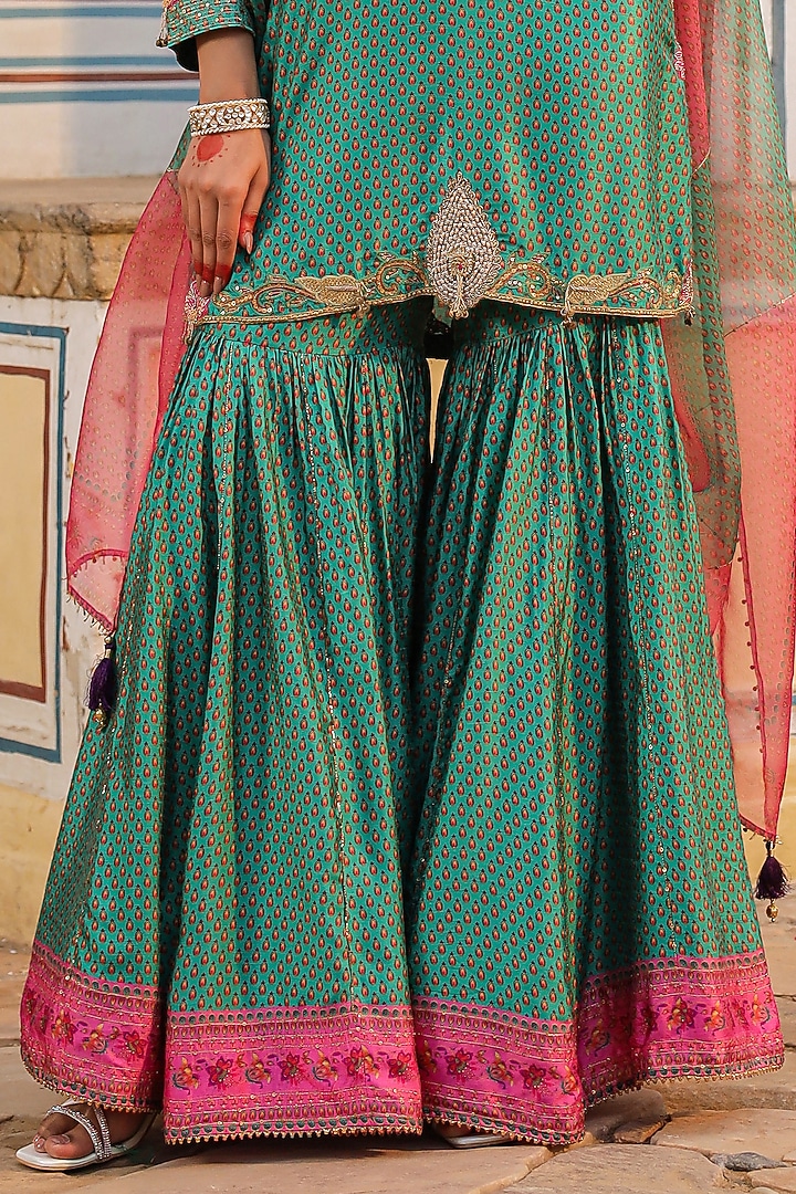 Turquoise Silk Tikki Embroidered & Printed Wedding Sharara Set by Niti Bothra at Pernia's Pop Up Shop