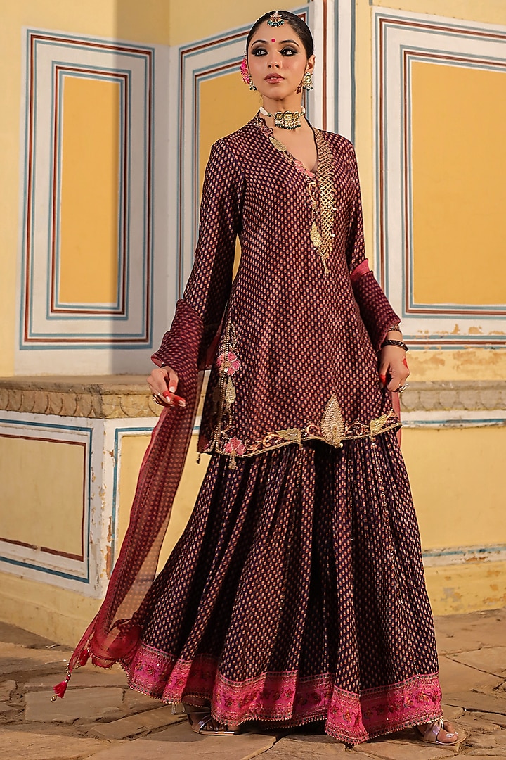 Purple Silk Tikki Embroidered & Printed Wedding Sharara Set by Niti Bothra at Pernia's Pop Up Shop