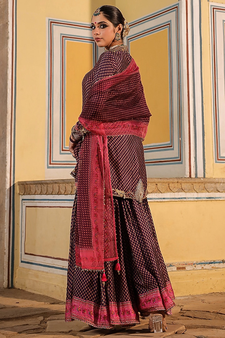 Purple Silk Tikki Embroidered & Printed Wedding Sharara Set by Niti Bothra at Pernia's Pop Up Shop