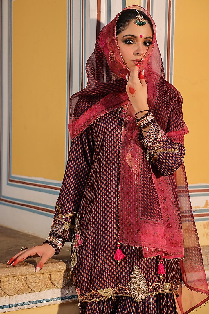Purple Silk Tikki Embroidered & Printed Wedding Sharara Set by Niti Bothra at Pernia's Pop Up Shop