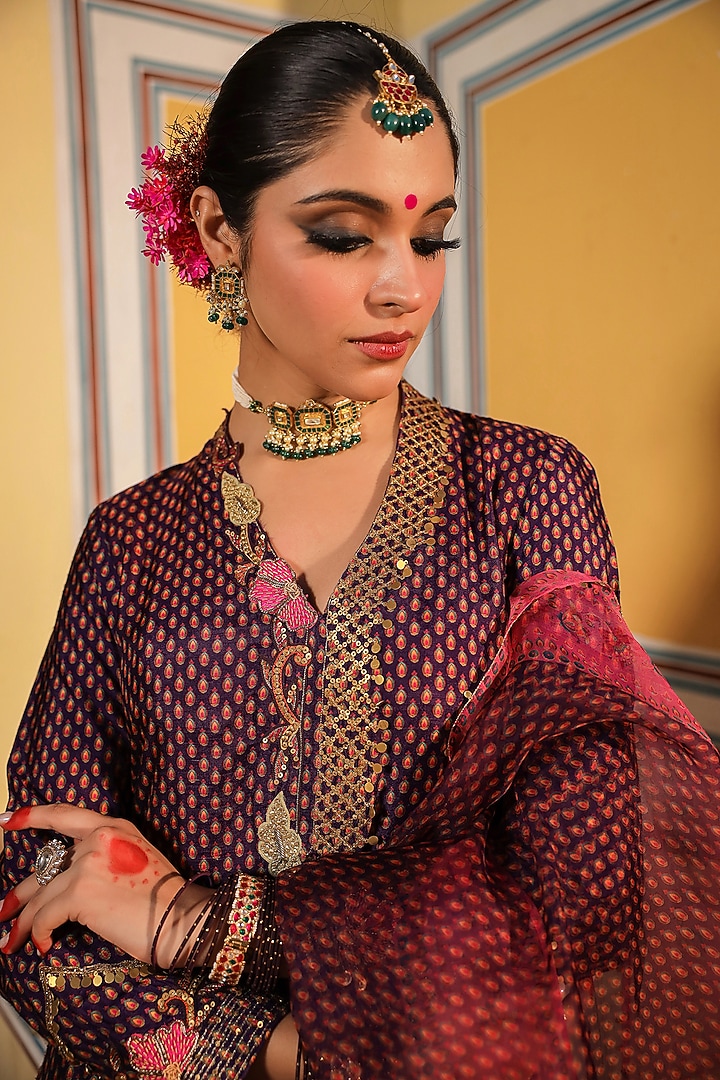 Purple Silk Tikki Embroidered & Printed Wedding Sharara Set by Niti Bothra at Pernia's Pop Up Shop