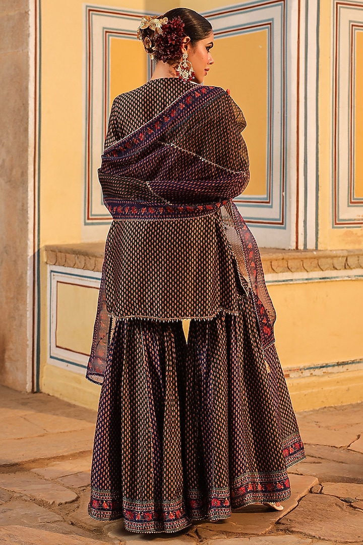 Green Silk Tikki Embroidered & Printed Wedding Sharara Set by Niti Bothra at Pernia's Pop Up Shop