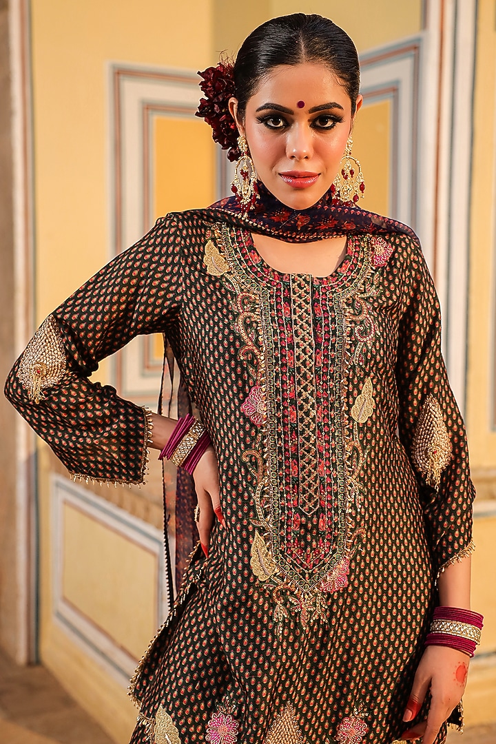 Green Silk Tikki Embroidered & Printed Wedding Sharara Set by Niti Bothra at Pernia's Pop Up Shop