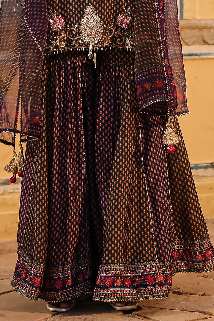 Green Silk Tikki Embroidered & Printed Wedding Sharara Set by Niti Bothra at Pernia's Pop Up Shop