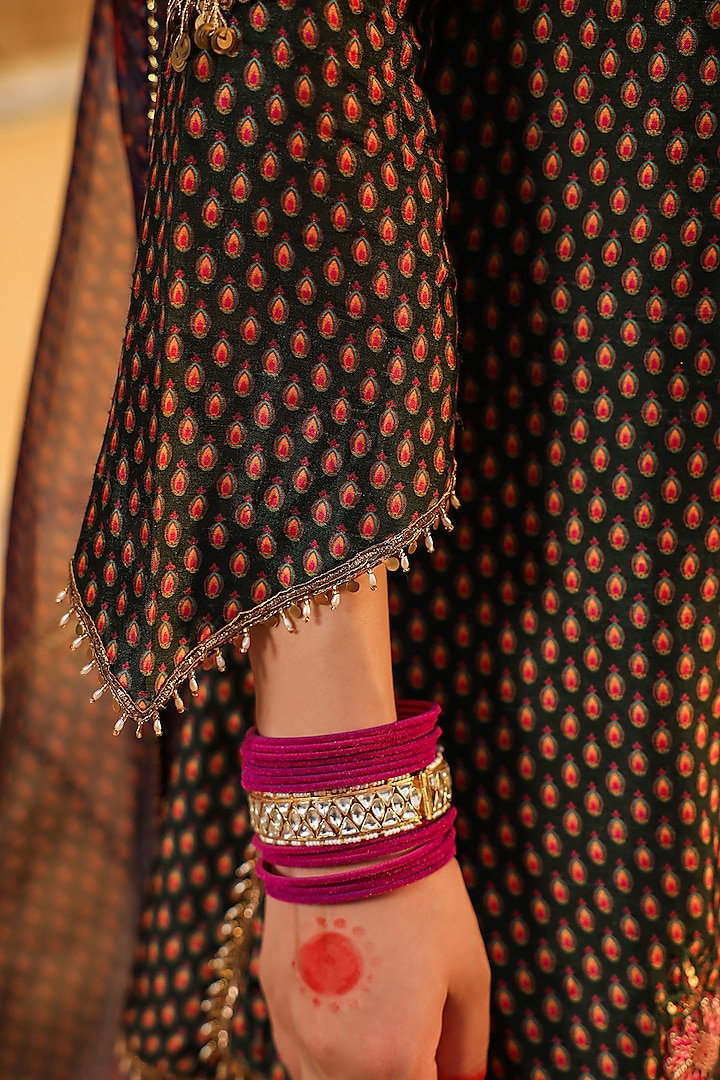 Green Silk Tikki Embroidered & Printed Wedding Sharara Set by Niti Bothra at Pernia's Pop Up Shop