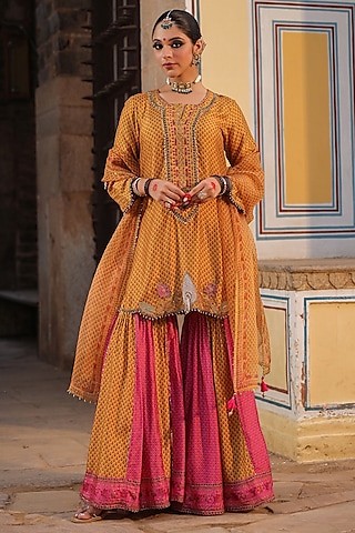 Pink & Mustard Silk Printed Sharara Set by Niti Bothra