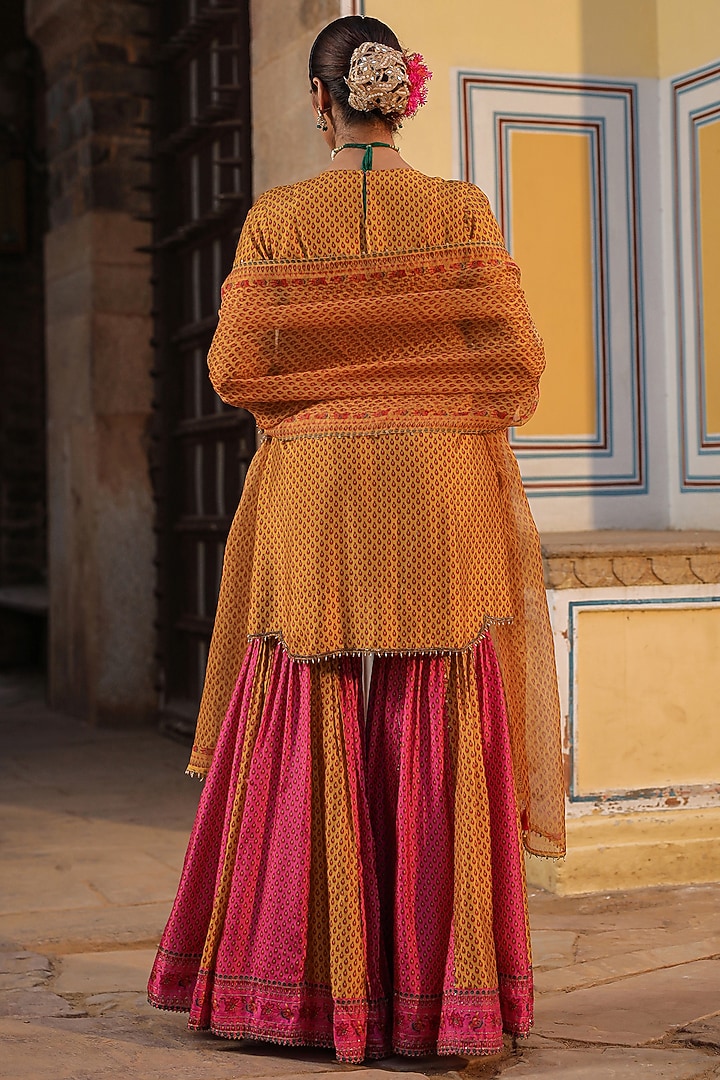 Pink & Mustard Silk Printed Wedding Sharara Set by Niti Bothra at Pernia's Pop Up Shop