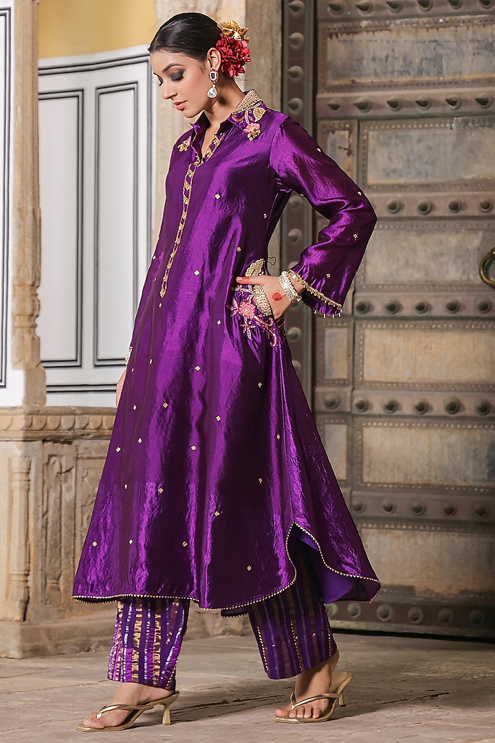 Purple Pure Banarasi Spun Silk Resham Embroidered Kurta Set by Niti Bothra