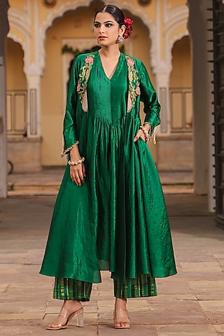 Green Pure Banarasi Spun Silk Resham Embroidered Kurta Set by Niti Bothra