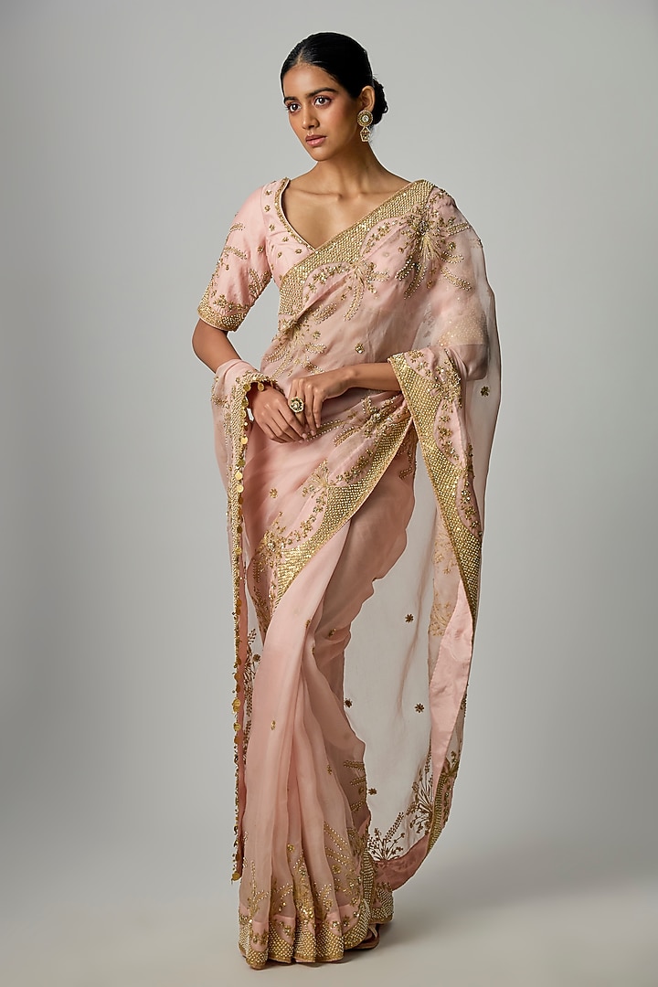 Pink Organza Zardosi Embroidered Reception Saree Set by Niti Bothra at Pernia's Pop Up Shop