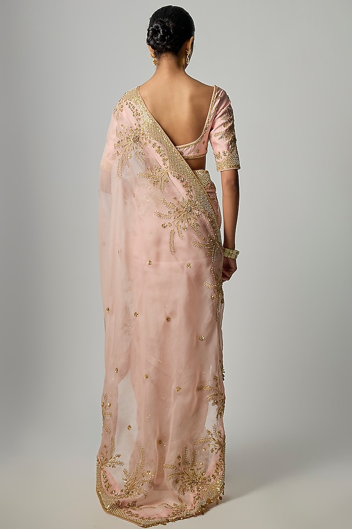 Pink Organza Zardosi Embroidered Reception Saree Set by Niti Bothra at Pernia's Pop Up Shop