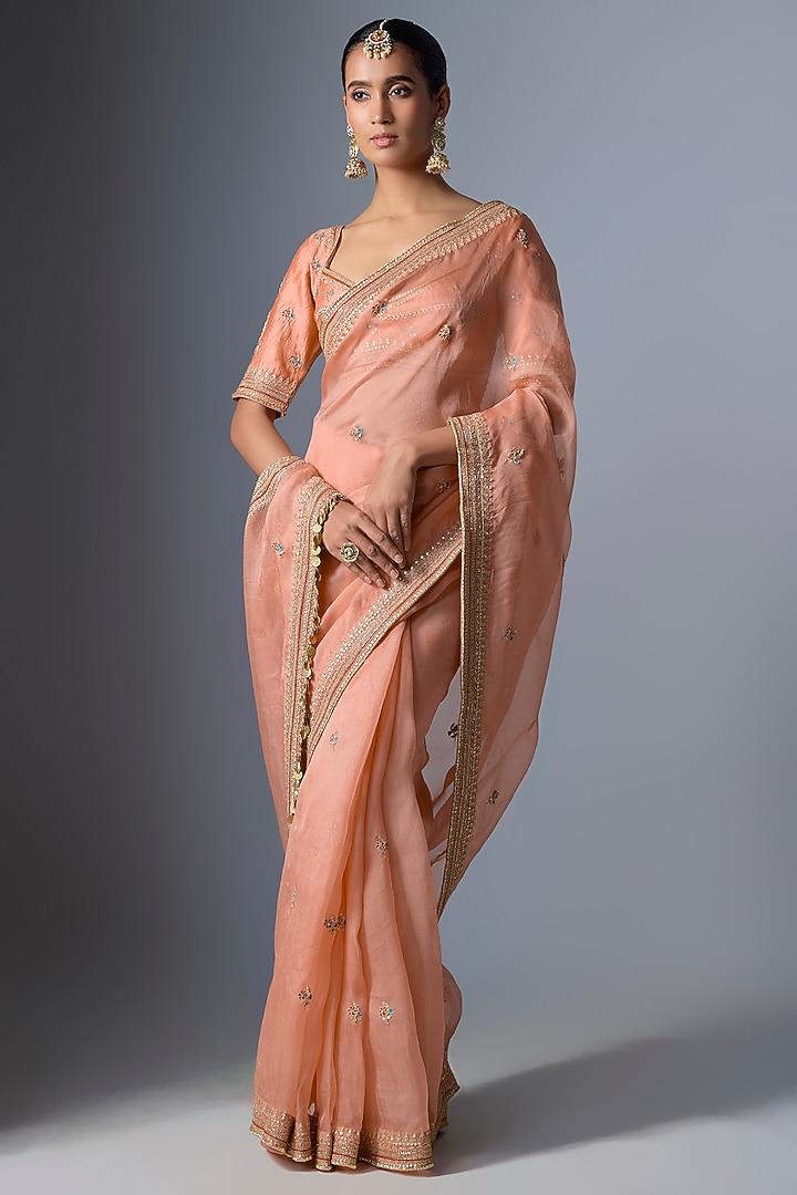 Peach Organza Zardosi Embroidered Reception Saree Set by Niti Bothra at Pernia's Pop Up Shop