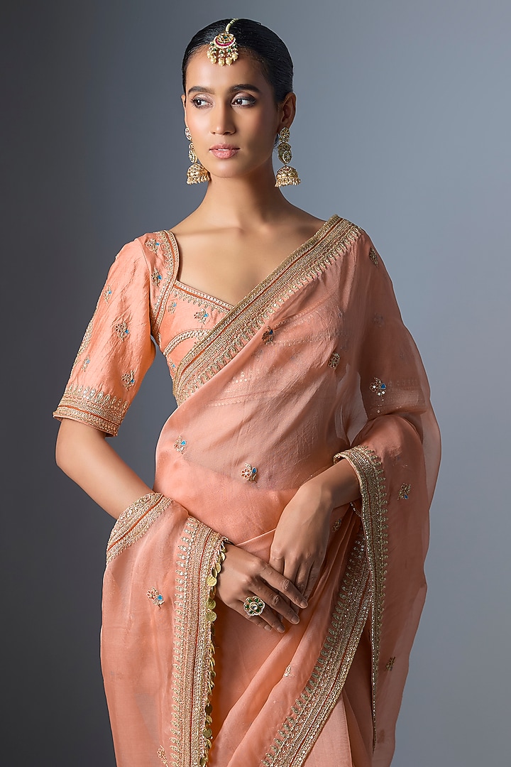 Peach Organza Zardosi Embroidered Reception Saree Set by Niti Bothra at Pernia's Pop Up Shop