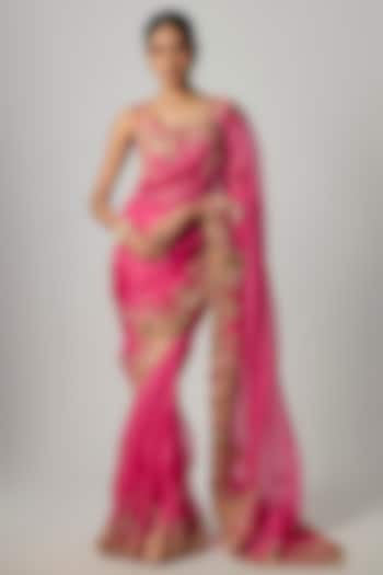 Pink Organza Zardosi Embroidered Reception Saree Set by Niti Bothra at Pernia's Pop Up Shop