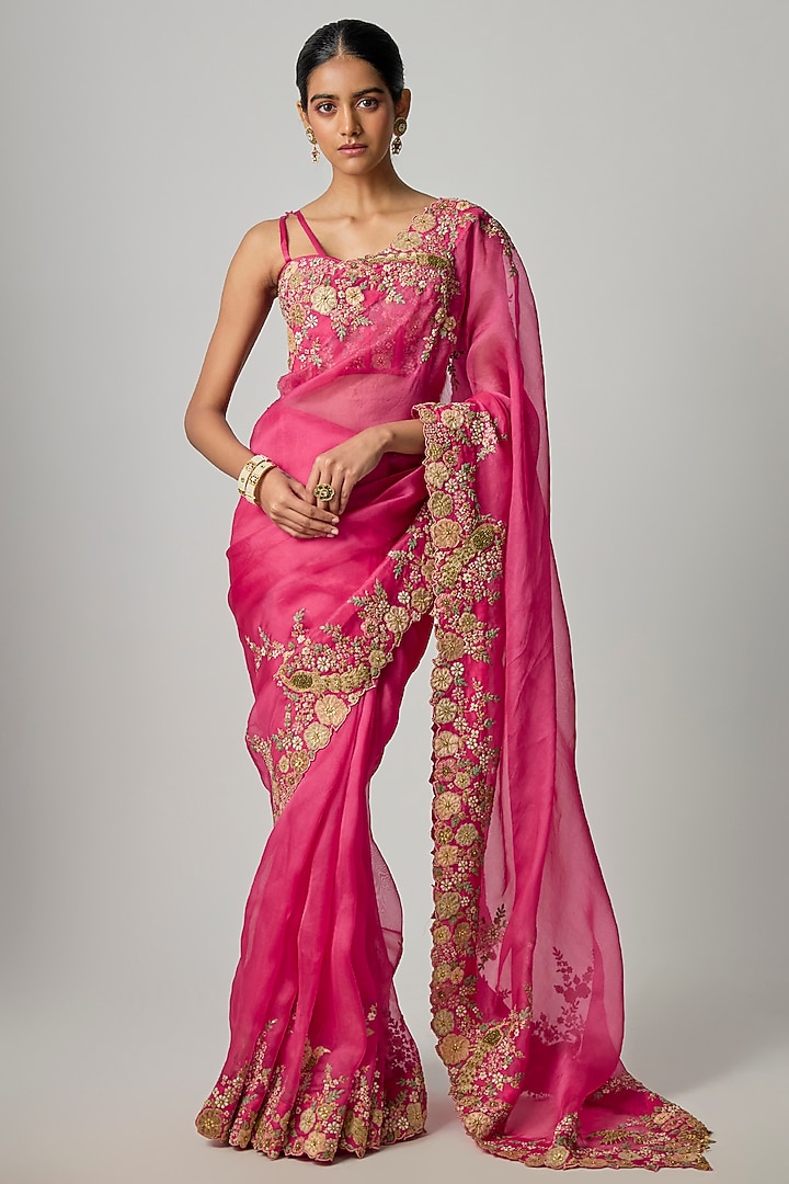 Pink Organza Zardosi Embroidered Reception Saree Set by Niti Bothra at Pernia's Pop Up Shop