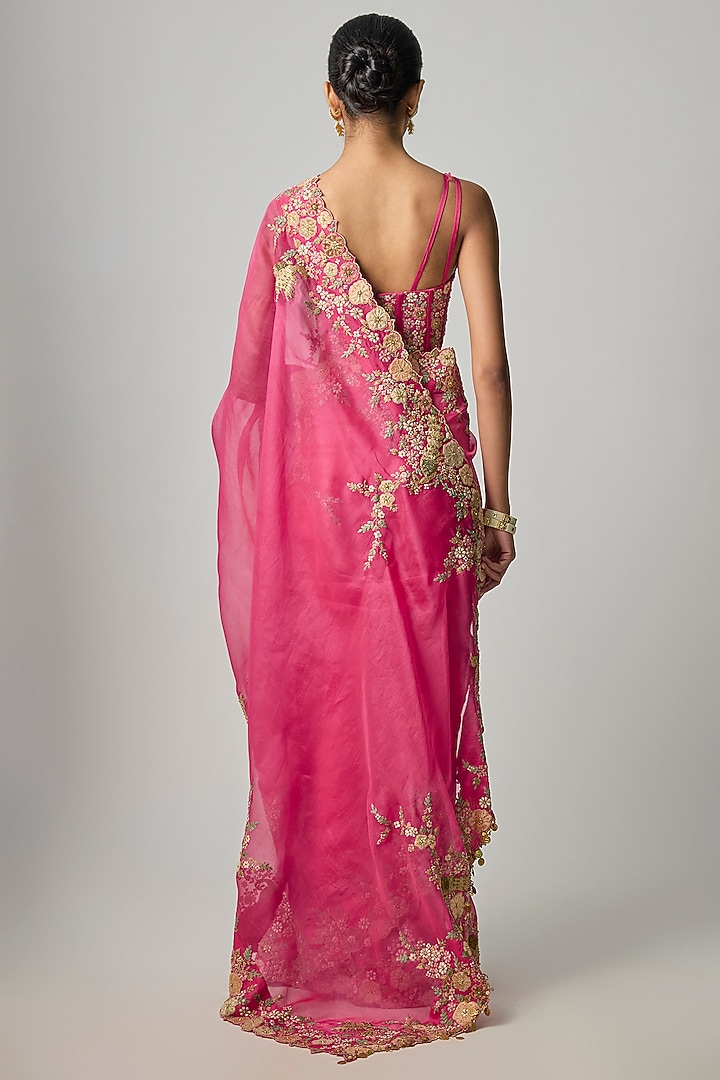 Pink Organza Zardosi Embroidered Reception Saree Set by Niti Bothra at Pernia's Pop Up Shop