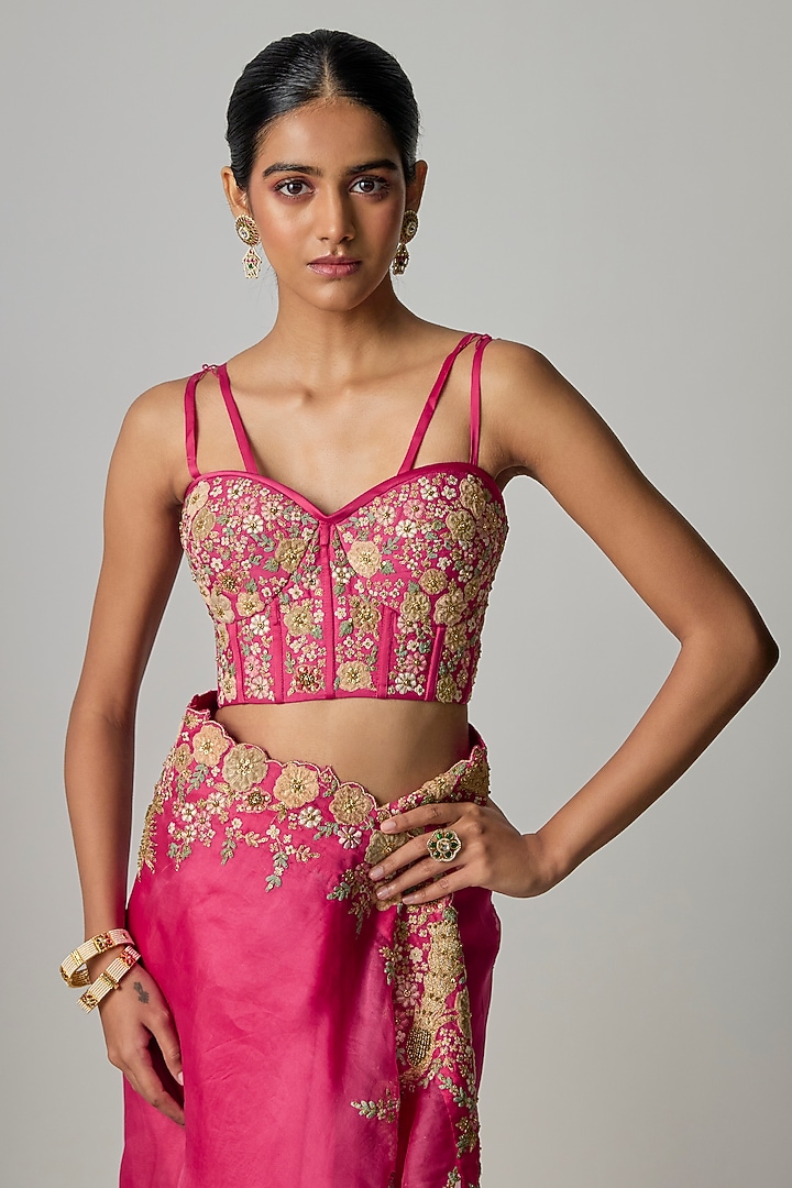 Pink Organza Zardosi Embroidered Reception Saree Set by Niti Bothra at Pernia's Pop Up Shop