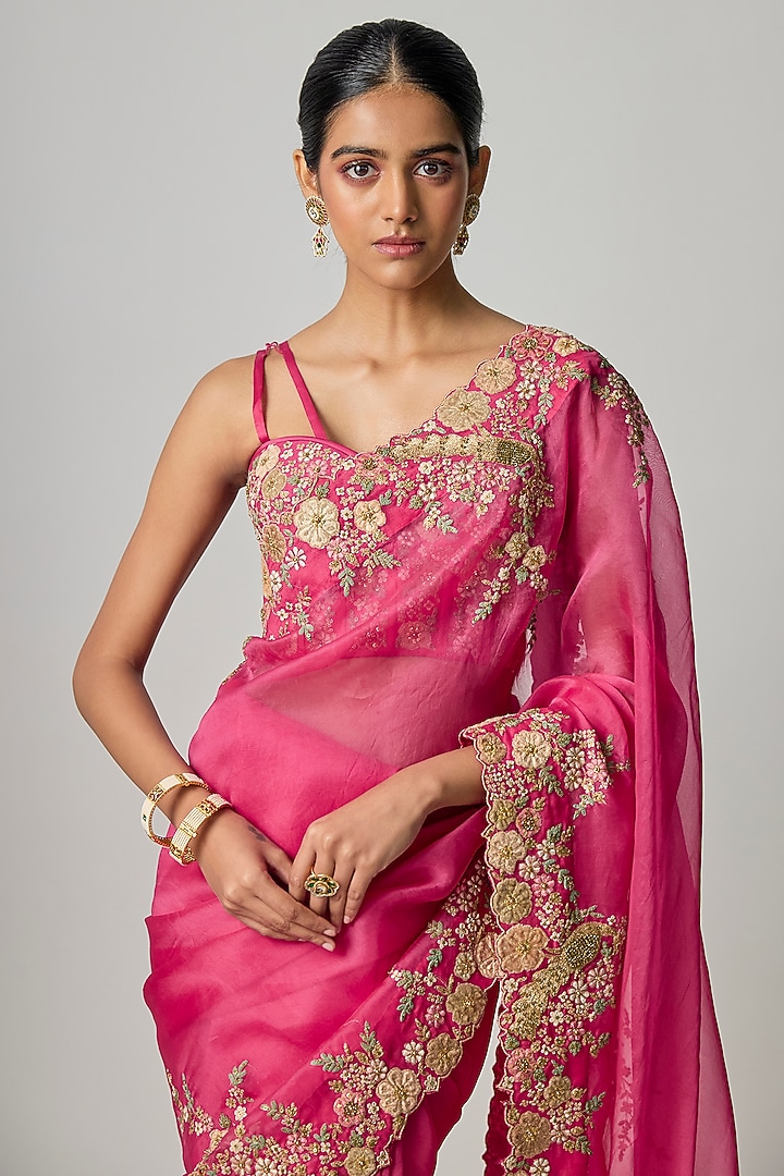 Pink Organza Zardosi Embroidered Reception Saree Set by Niti Bothra at Pernia's Pop Up Shop