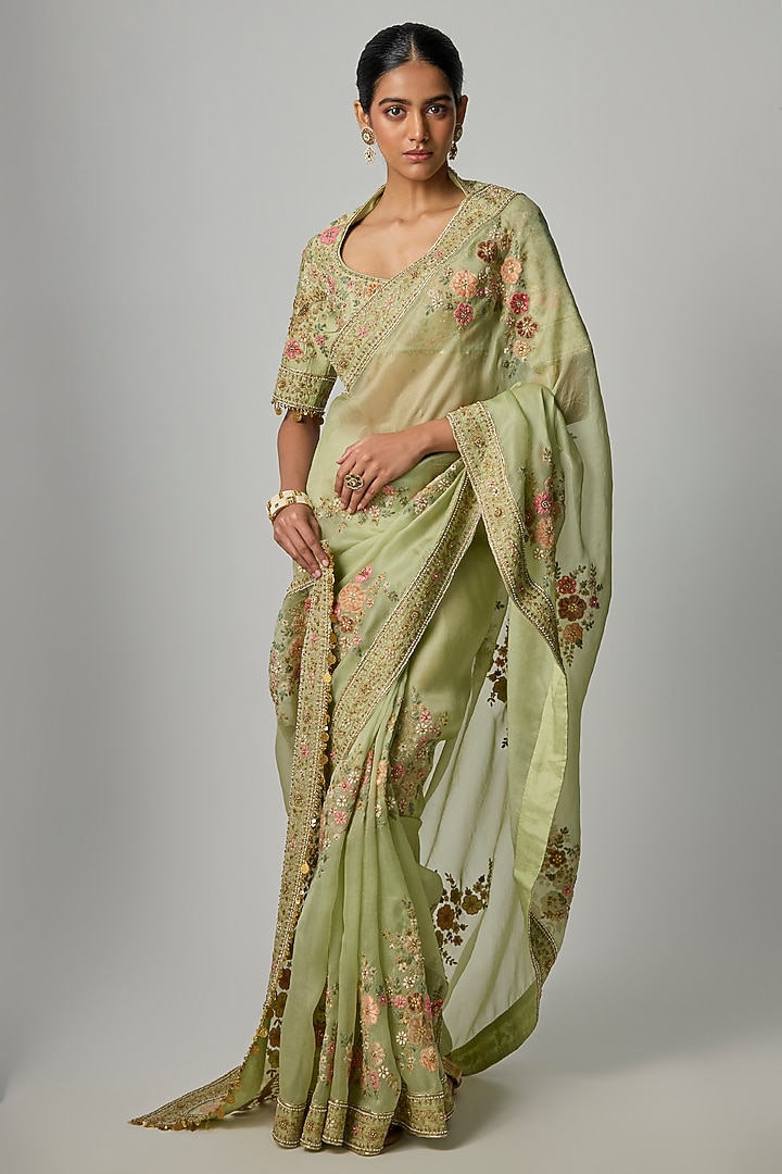 Light Green Organza Applique Embroidered Reception Saree Set by Niti Bothra at Pernia's Pop Up Shop
