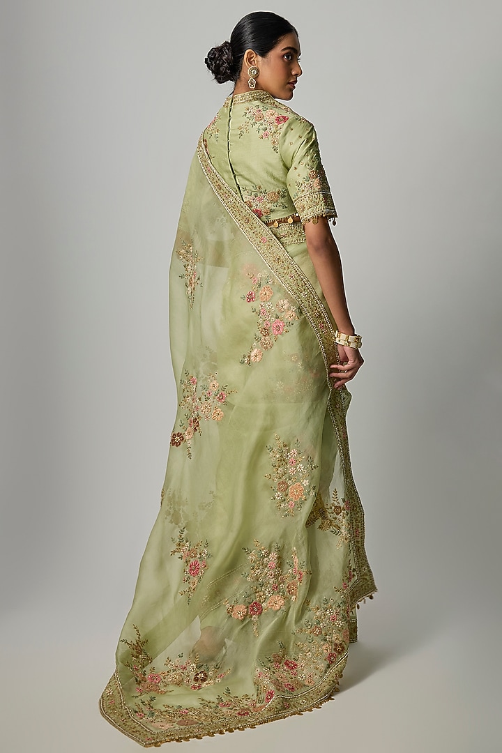 Light Green Organza Applique Embroidered Reception Saree Set by Niti Bothra at Pernia's Pop Up Shop