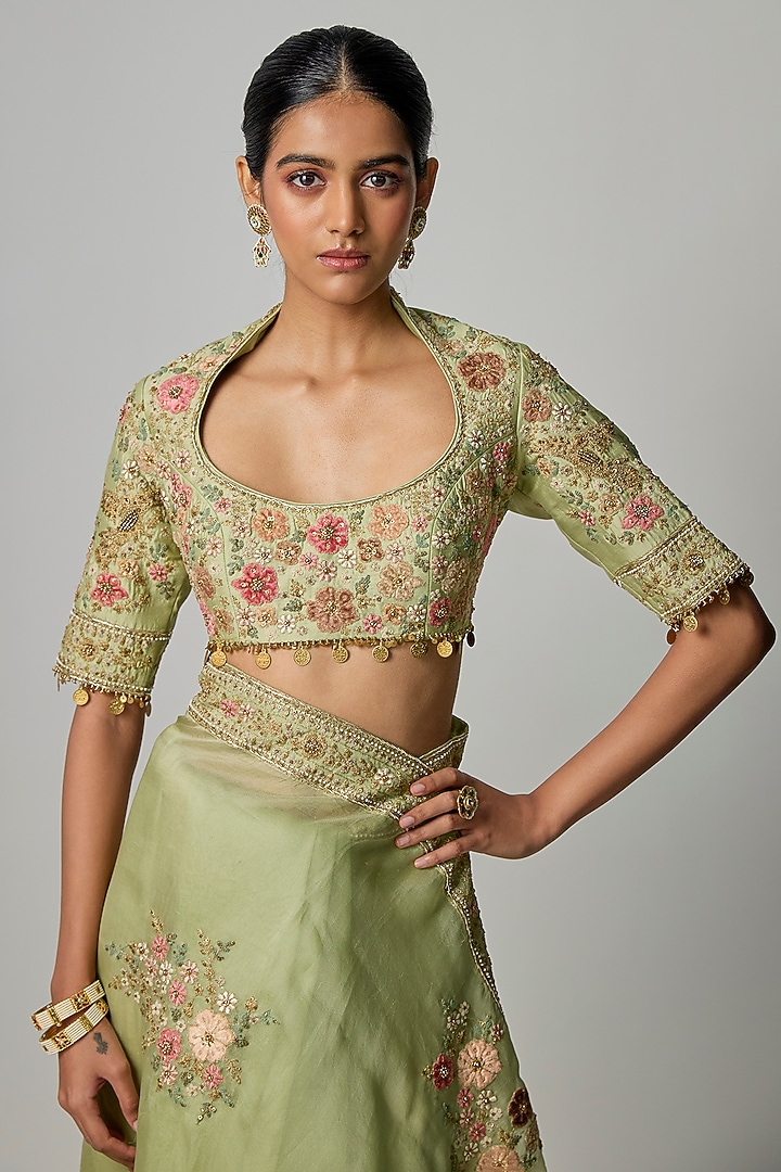 Light Green Organza Applique Embroidered Reception Saree Set by Niti Bothra at Pernia's Pop Up Shop