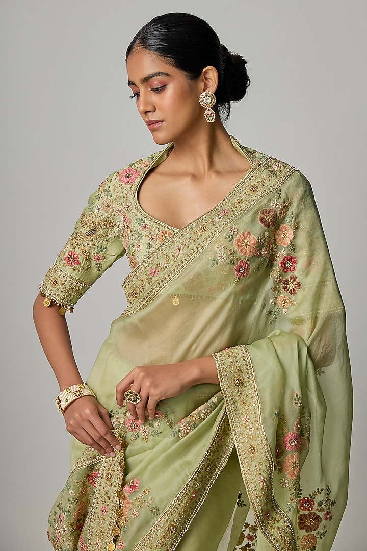 Light Green Organza Applique Embroidered Reception Saree Set by Niti Bothra at Pernia's Pop Up Shop