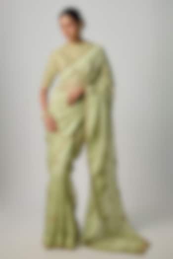 Sage Green Organza Zardosi Embroidered Wedding Saree Set by Niti Bothra at Pernia's Pop Up Shop