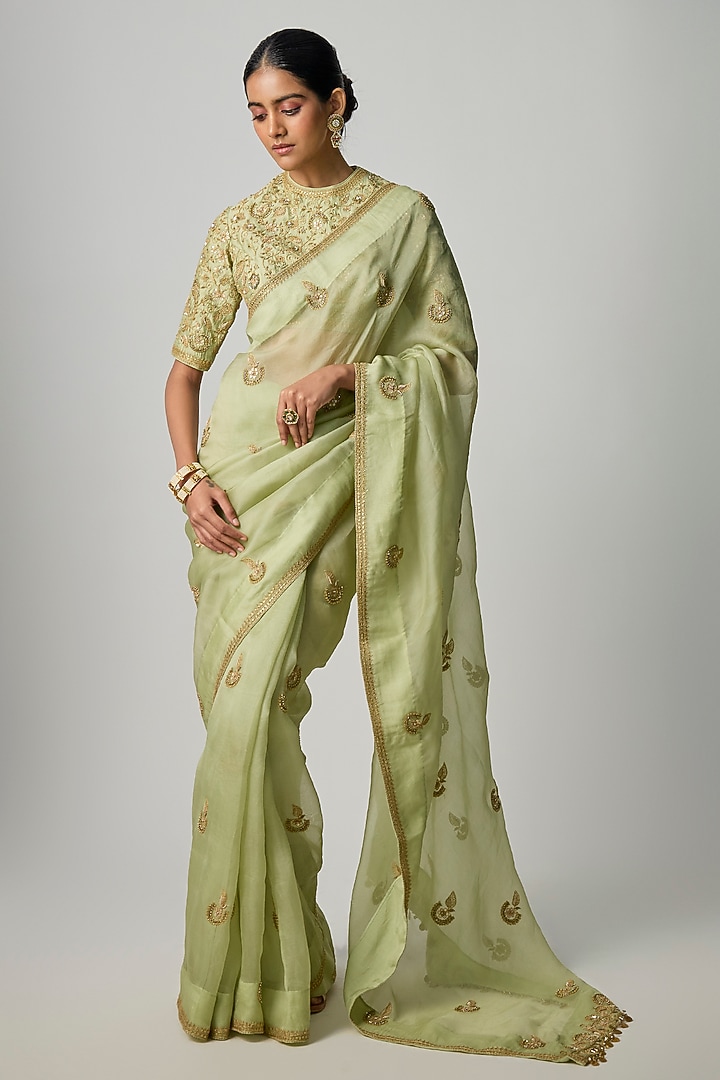 Sage Green Organza Zardosi Embroidered Wedding Saree Set by Niti Bothra at Pernia's Pop Up Shop