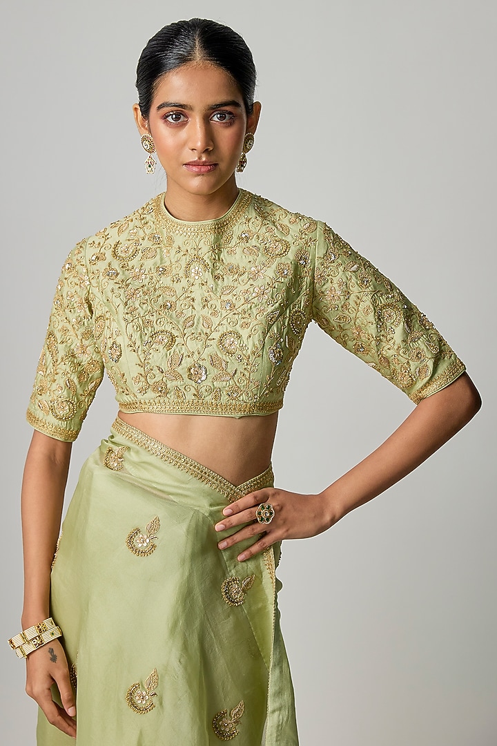 Sage Green Organza Zardosi Embroidered Wedding Saree Set by Niti Bothra at Pernia's Pop Up Shop