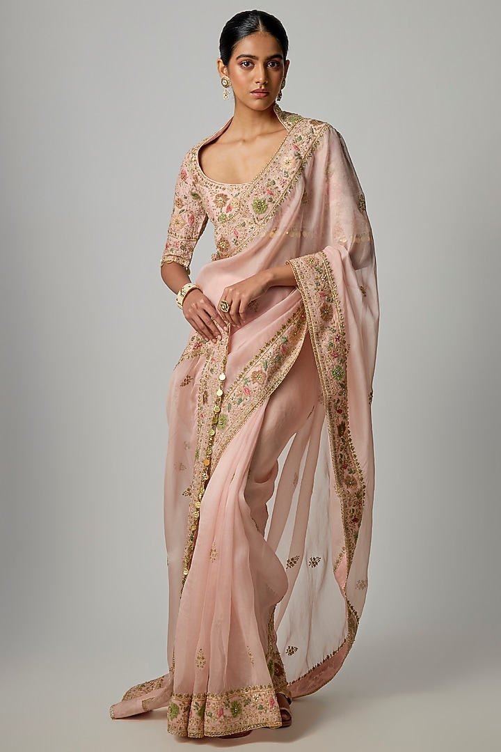 Pink Organza Zardosi Embroidered Reception Saree Set by Niti Bothra at Pernia's Pop Up Shop
