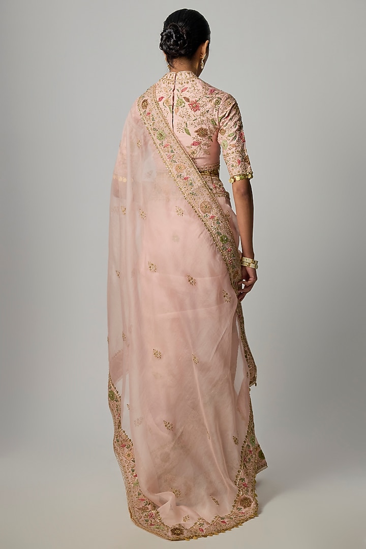 Pink Organza Zardosi Embroidered Reception Saree Set by Niti Bothra at Pernia's Pop Up Shop