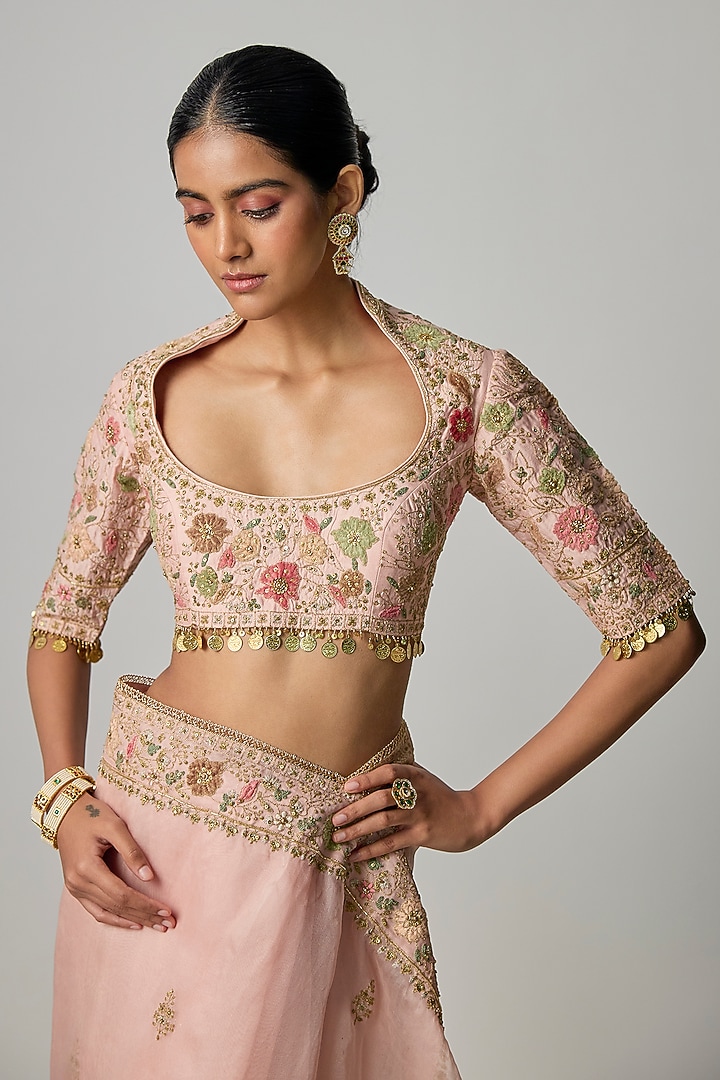 Pink Organza Zardosi Embroidered Reception Saree Set by Niti Bothra at Pernia's Pop Up Shop