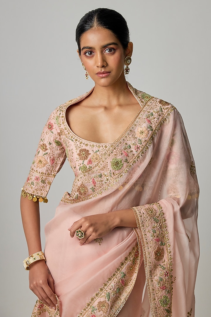 Pink Organza Zardosi Embroidered Reception Saree Set by Niti Bothra at Pernia's Pop Up Shop