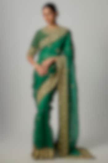 Emerald Green Organza Zardosi Embroidered Reception Saree Set by Niti Bothra at Pernia's Pop Up Shop