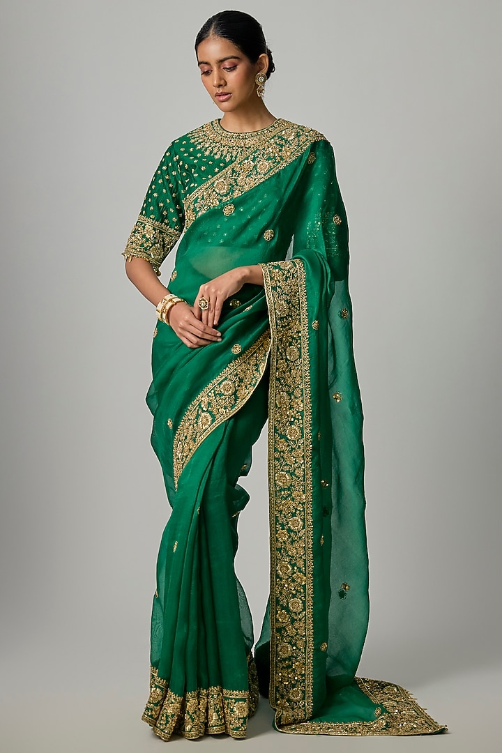 Emerald Green Organza Zardosi Embroidered Reception Saree Set by Niti Bothra at Pernia's Pop Up Shop