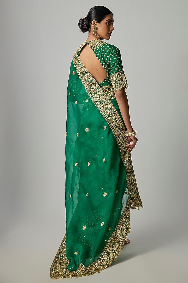 Emerald Green Organza Zardosi Embroidered Reception Saree Set by Niti Bothra at Pernia's Pop Up Shop