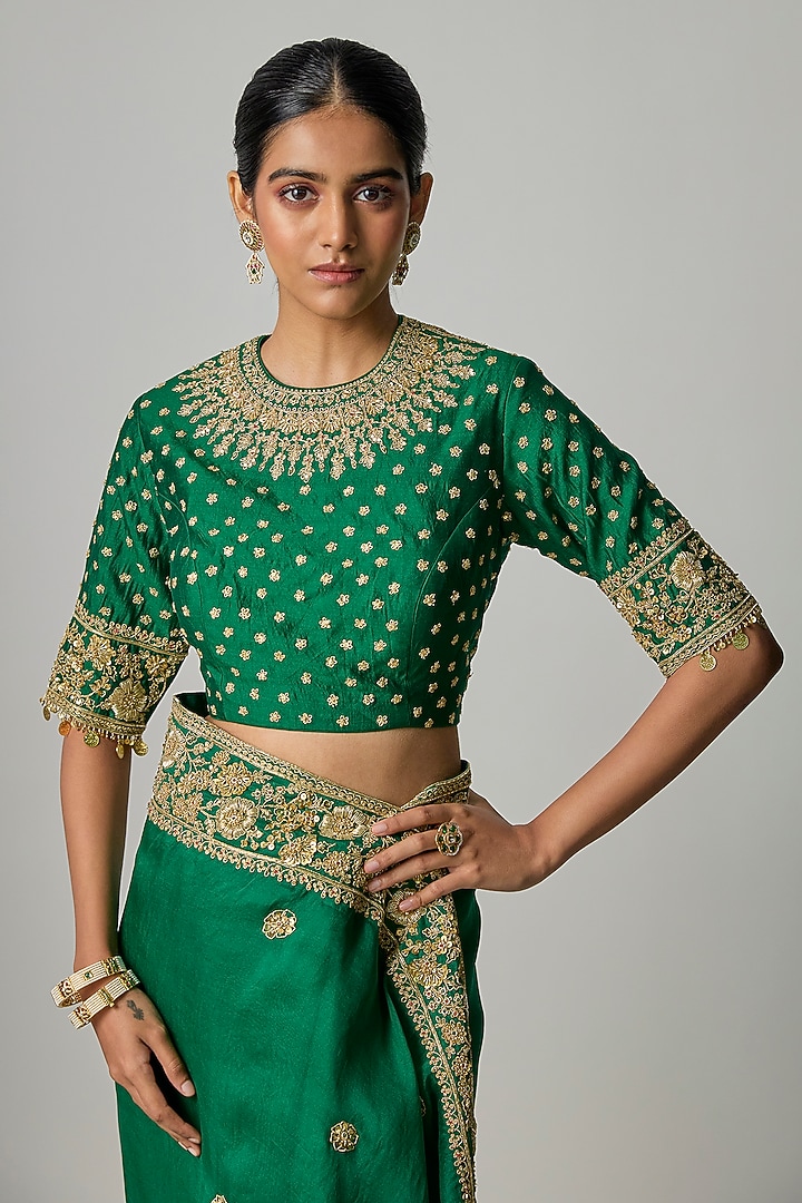 Emerald Green Organza Zardosi Embroidered Reception Saree Set by Niti Bothra at Pernia's Pop Up Shop