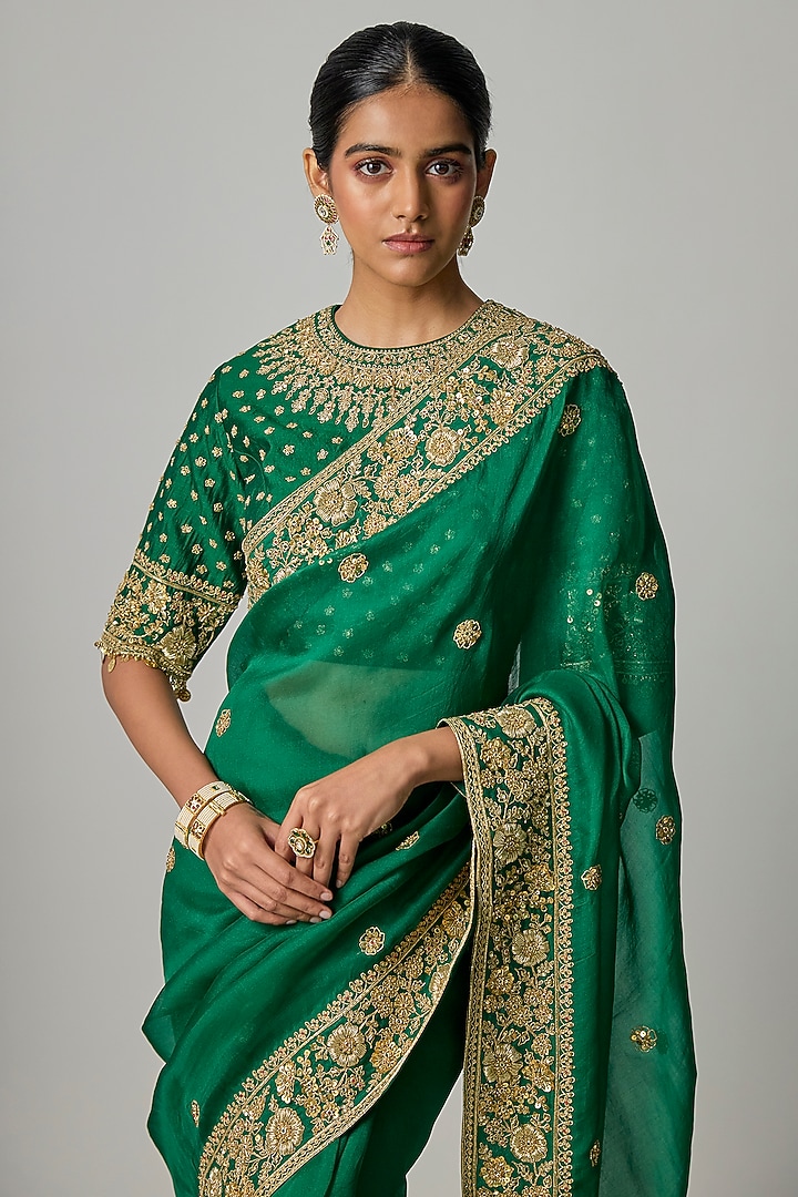 Emerald Green Organza Zardosi Embroidered Reception Saree Set by Niti Bothra at Pernia's Pop Up Shop