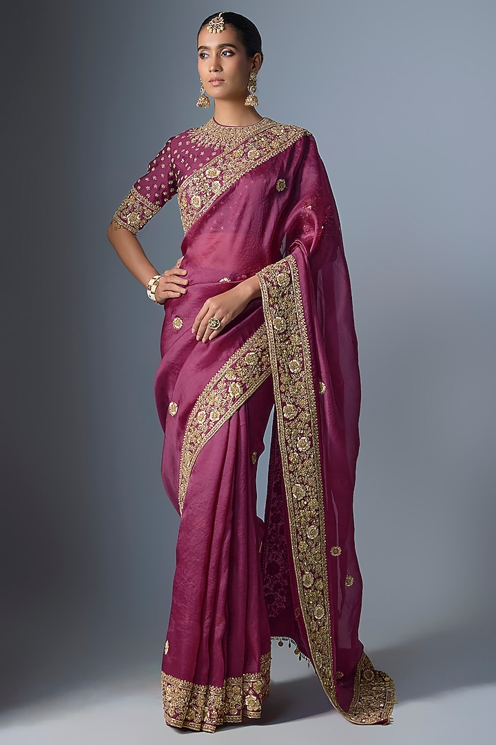 Wine Organza Zardosi Embroidered Reception Saree Set by Niti Bothra at Pernia's Pop Up Shop