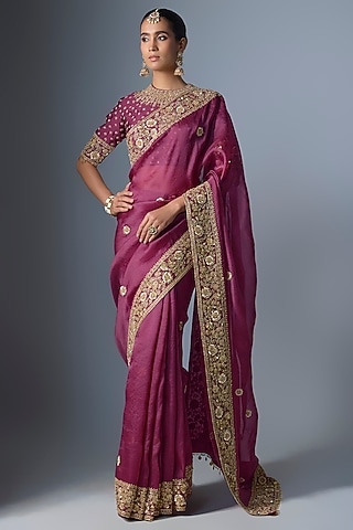 Wine Organza Zardosi Embroidered Saree Set by Niti Bothra