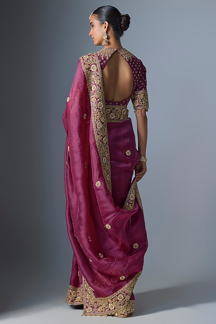 Wine Organza Zardosi Embroidered Reception Saree Set by Niti Bothra at Pernia's Pop Up Shop