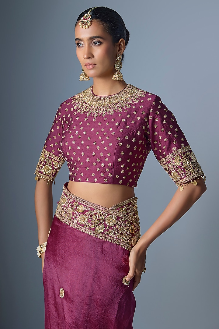Wine Organza Zardosi Embroidered Reception Saree Set by Niti Bothra at Pernia's Pop Up Shop