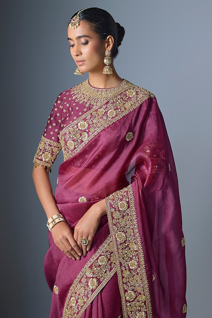 Wine Organza Zardosi Embroidered Reception Saree Set by Niti Bothra at Pernia's Pop Up Shop