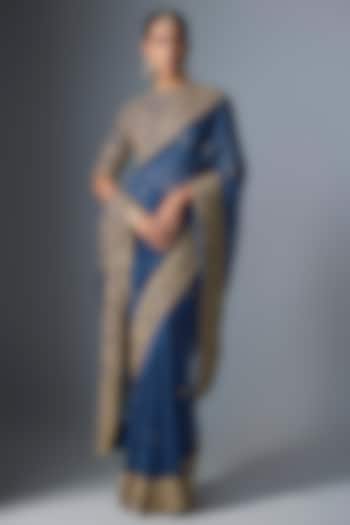 Blue Organza Zardosi Embroidered Reception Saree Set by Niti Bothra at Pernia's Pop Up Shop