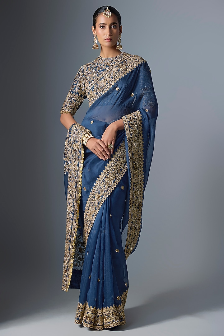 Blue Organza Zardosi Embroidered Reception Saree Set by Niti Bothra at Pernia's Pop Up Shop