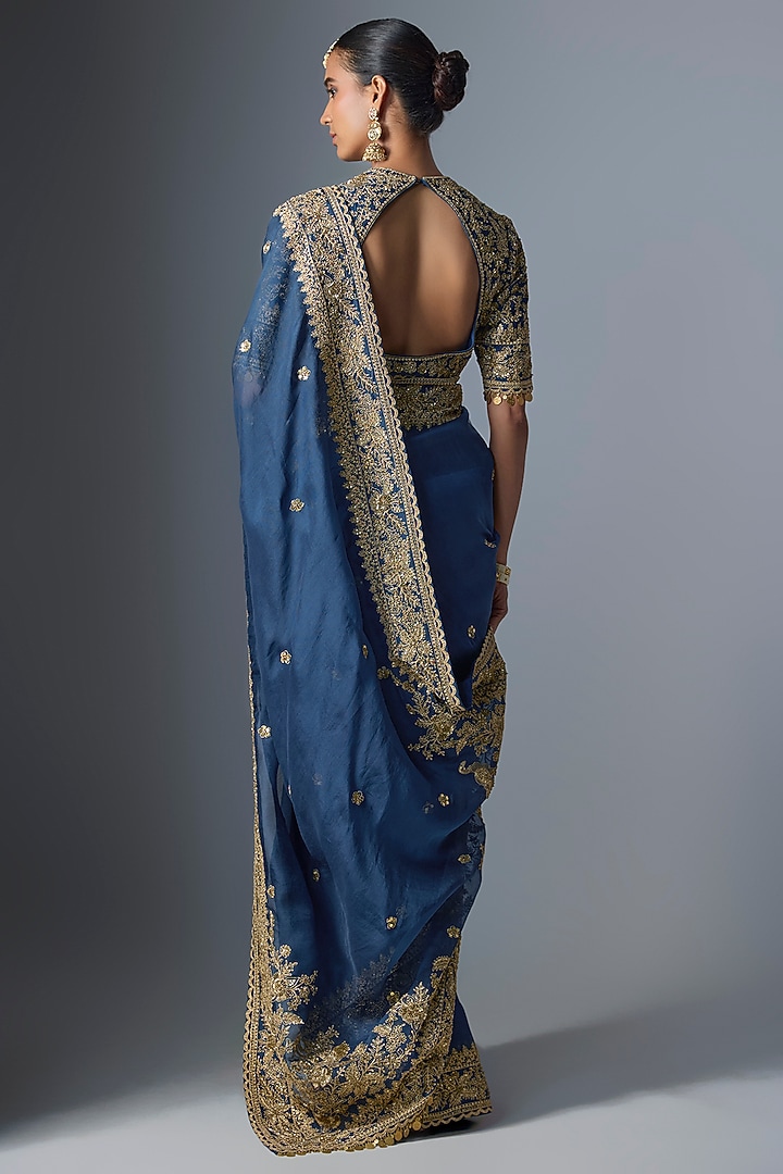 Blue Organza Zardosi Embroidered Reception Saree Set by Niti Bothra at Pernia's Pop Up Shop
