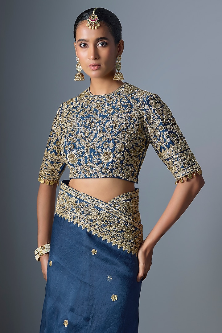 Blue Organza Zardosi Embroidered Reception Saree Set by Niti Bothra at Pernia's Pop Up Shop